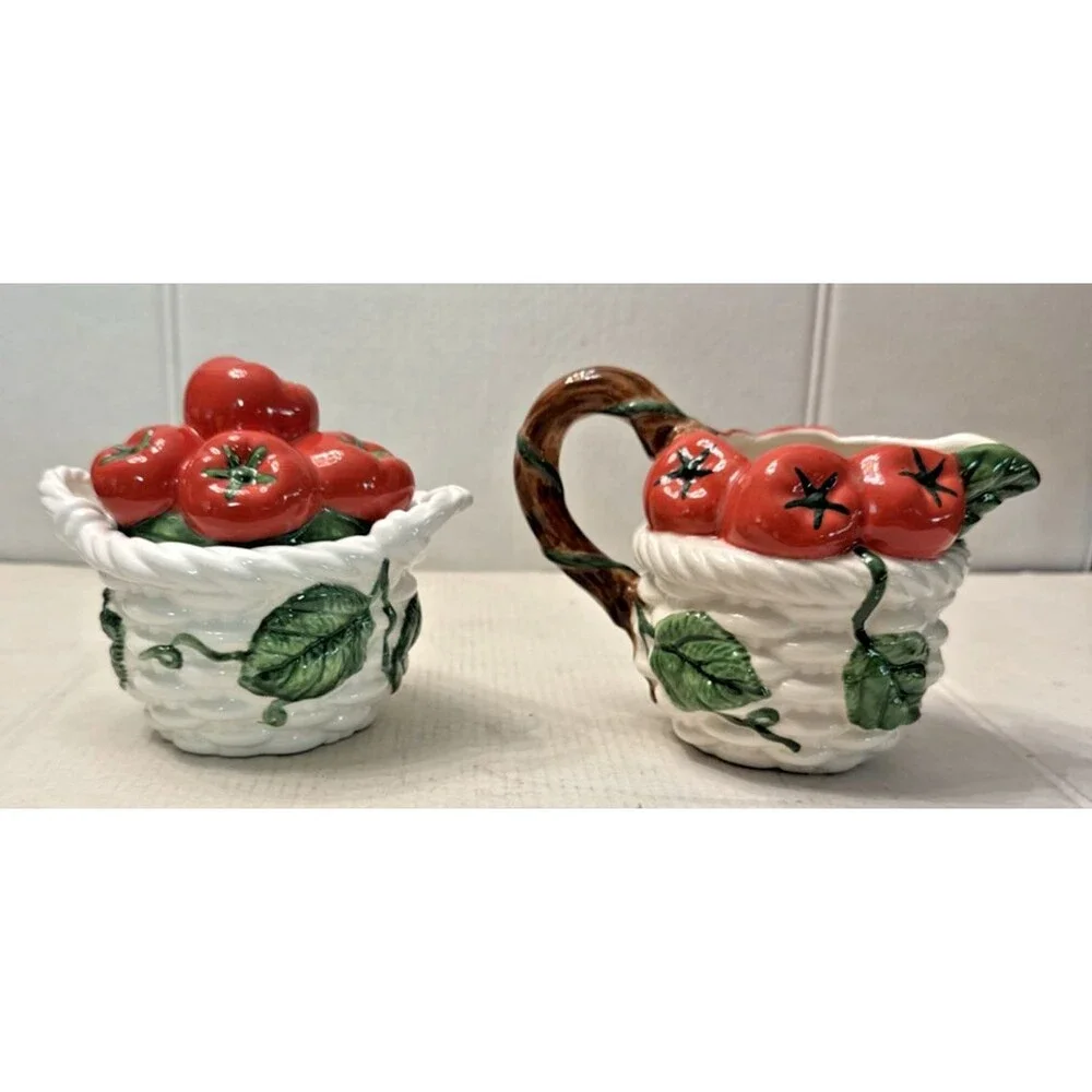 FITZ & FLOYD Tomatoes On The Vine SUGAR BOWL and CREAMER SET Vintage 1992 MINT